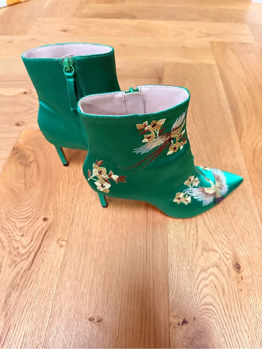Zara Emerald Green Satin Embroidered Ankle Boots